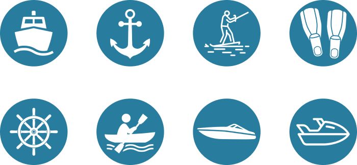 Eight circular icons of water and boat activities